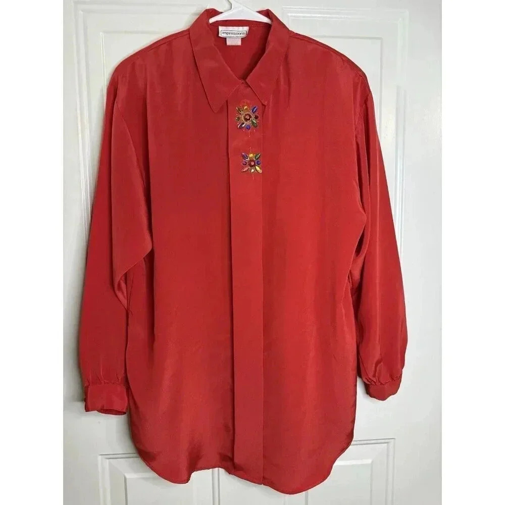 IMPRESSIONS OF CALIFORNIA Vintage Peasant Sleeve Blouse Red Satin Bling Sz 10